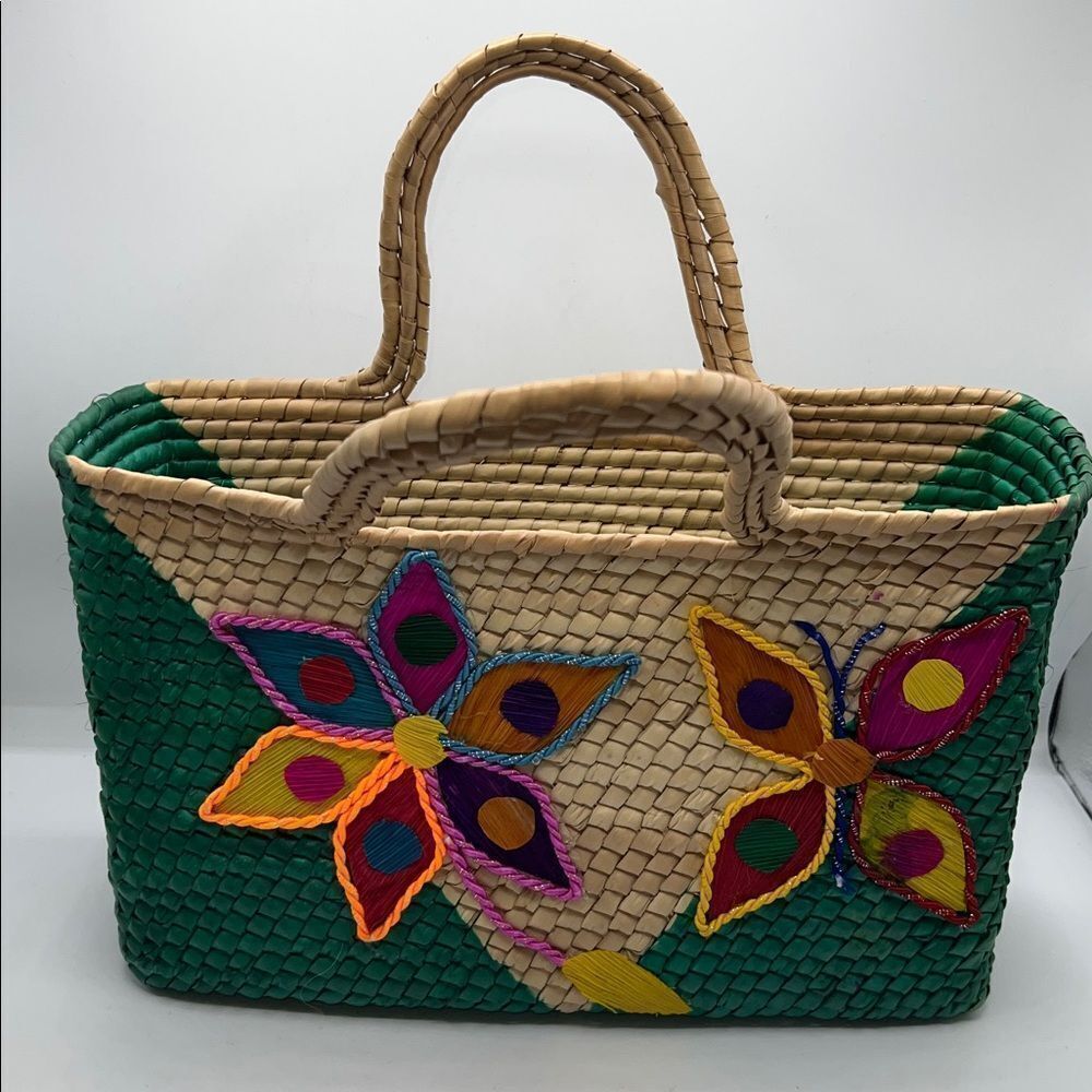 HANDWOVEN Handmade Mexican Woven Straw Handbag Purse Colorful Flower & Butterfly